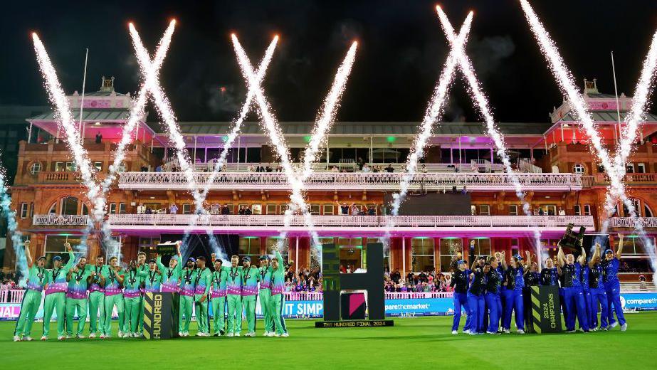 The men's players of Oval Invincibles and women's players of London Spirit celebrate winning the 2024 edition of The Hundred at Lord's