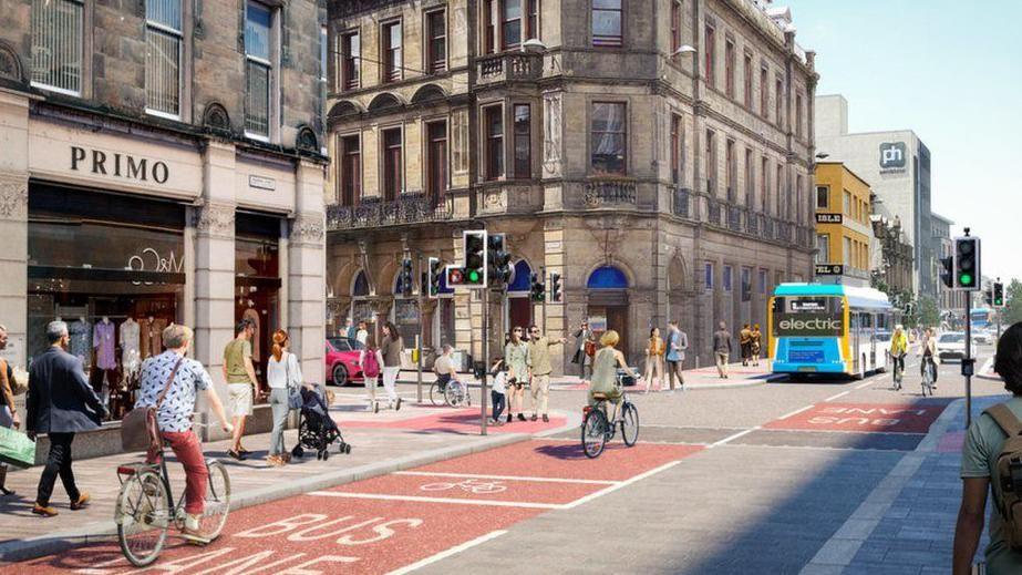 An illustration of how a more pedestrian-friendly Academy Street might look, with people shown walking, cycling and travelling by bus