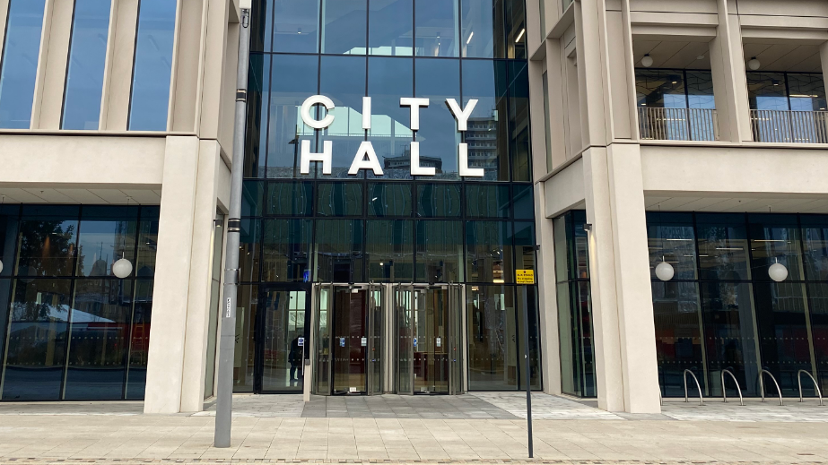 Exterior of Sunderland City Hall, a tall glass and concrete building.