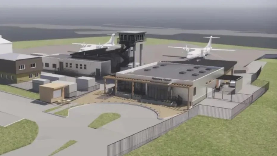 A 3D mock up of the proposed new Alderney runway. It has two modern-looking terminal buildings and two larger ATR planes behind it on tarmac.