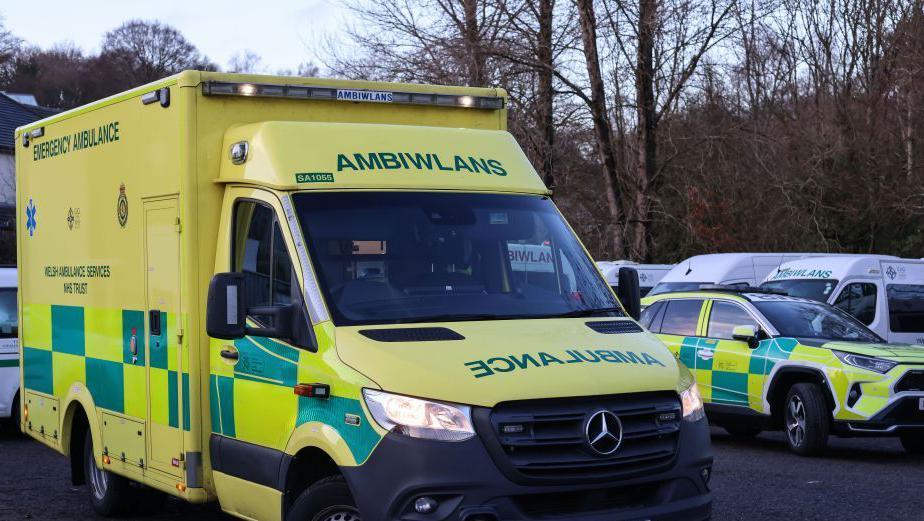 A yellow and green ambulance vehicle, parked up with its headlights on. Behind it is a number of other ambulance service vehicles, including a green and yellow car