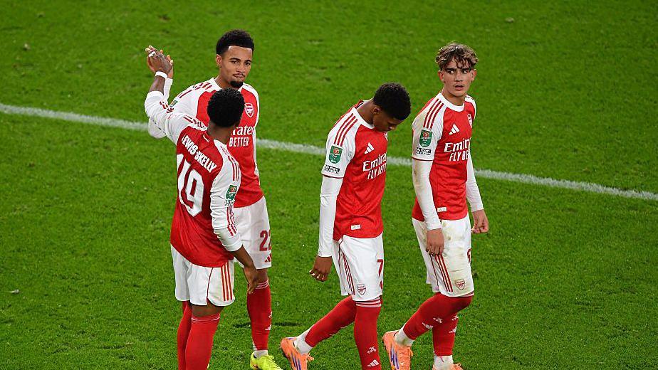 Ethan Nwaneri, Myles Lewis-Skelly, Andre Harriman-Annous and Max Dowman celebrate Arsenal's opening goal against Brighton