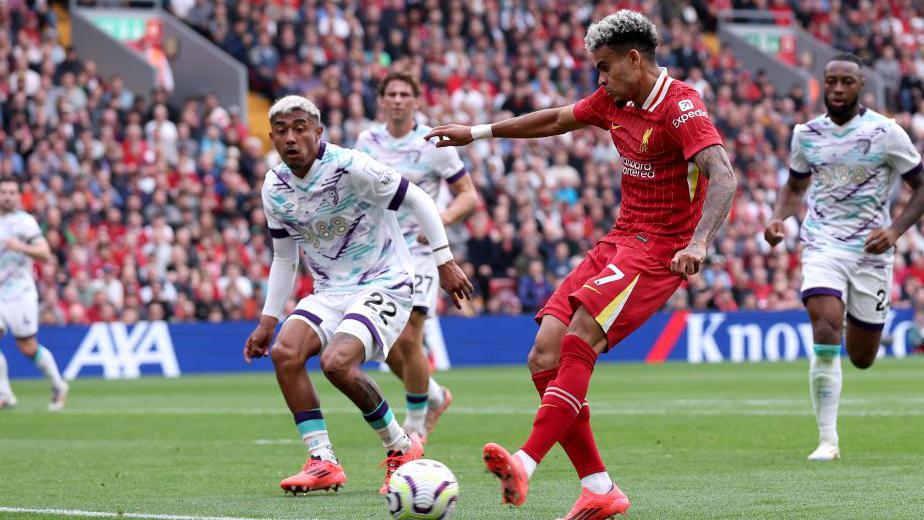 Luis Diaz scores for Liverpool in the Reds' Premier League match against Bournemouth at Anfield