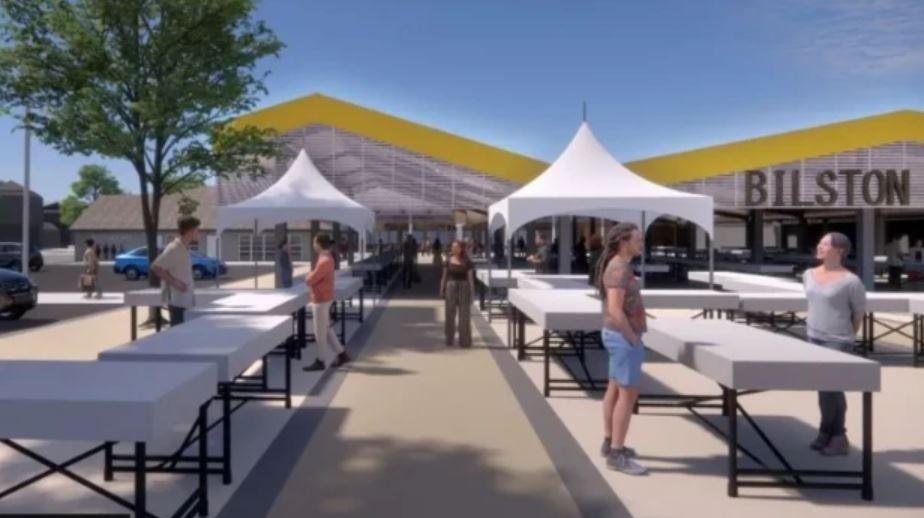 A computer-generated image of an outdoor market. People chat over white stall-like tables arranged around walkways. The pointed roof of an indoor building can be seen behind, with letters spelling out the start of the word Bilston.