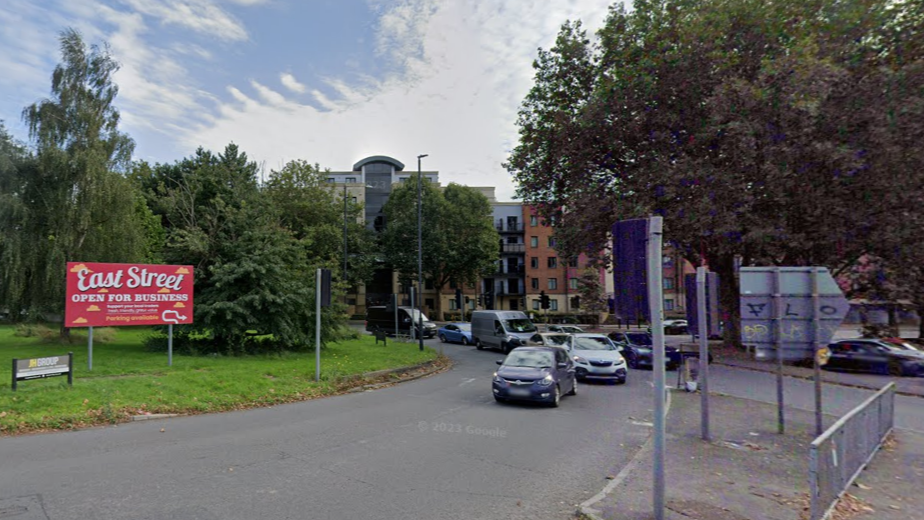 Cars and other vehicles on Bedminster Bridge roundabout in Bristol