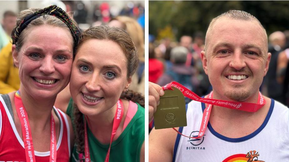 Beaming smiles on the finish line from sisters Lisa Price and Carly Parsons and fellow participant James Clatworthy