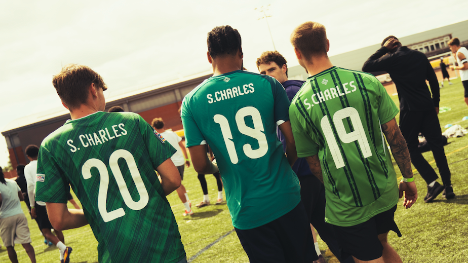 Shea Charles and friends, wearing green S.Charles (19) shirts, at Rico Lewis' charity event