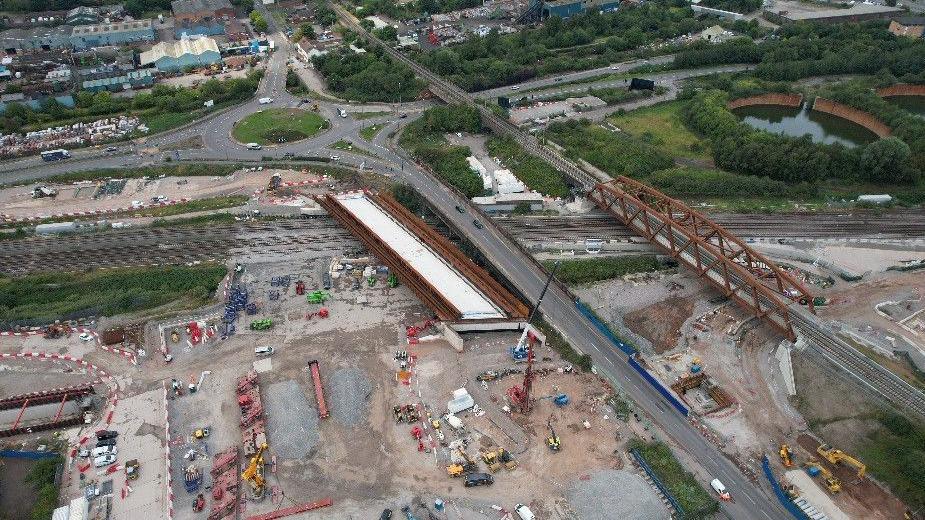 Aerial view of the bridge being moved