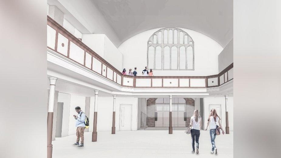 A computer-generated image shows people walking around the interior of the chapel, as the developers envisage it would look as an entrance area. Balustrades and windows can be seen, along with a mezzanine.