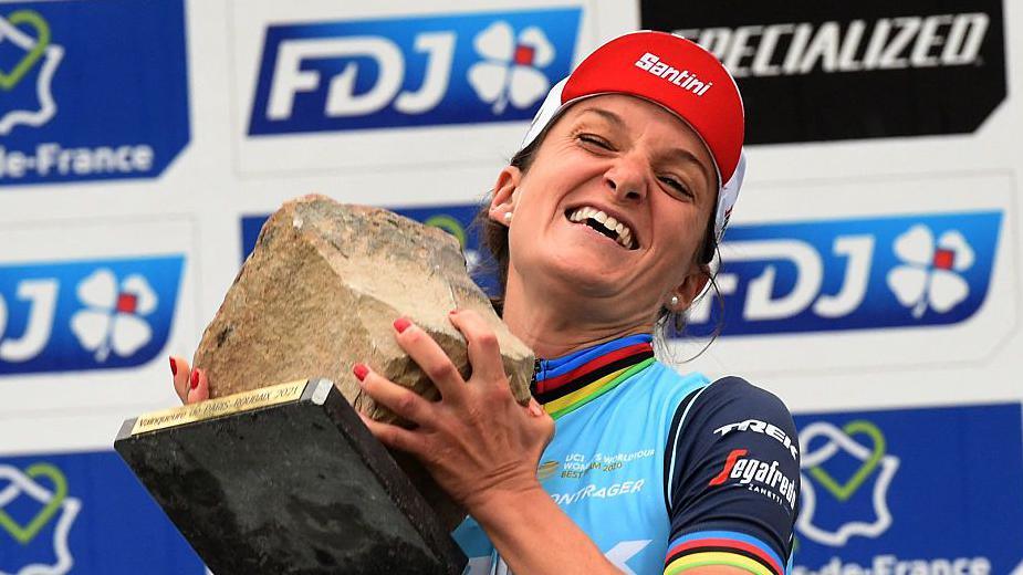 Lizzie Deignan celebrates winning Paris-Roubaix