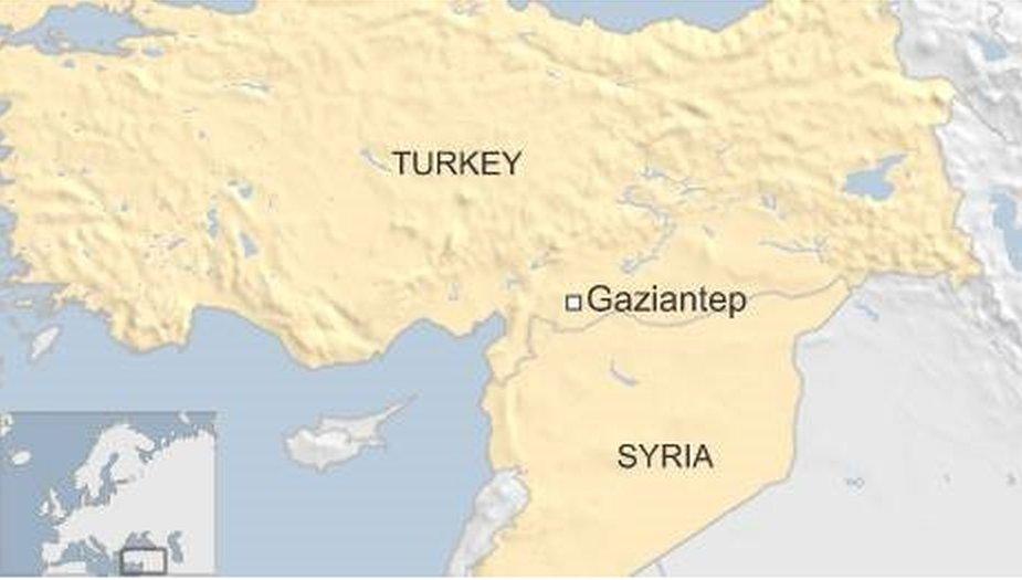 Map of Turkey and town of Gaziantep, near Syrian border