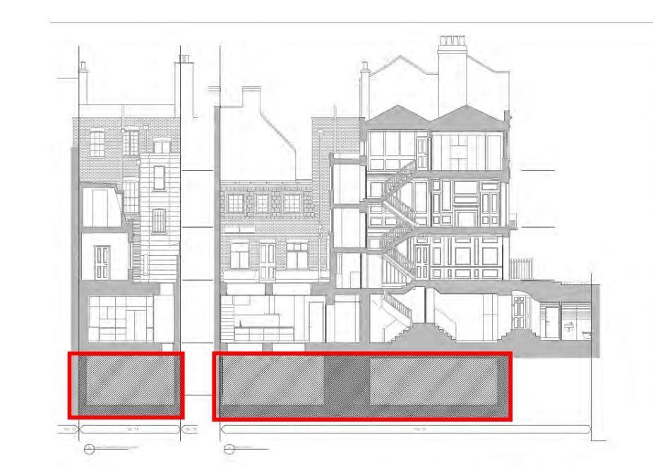 Plans of the home show an entire sub-basement which has been created, without planning permission. The unauthorised area is highlighted with a red box.