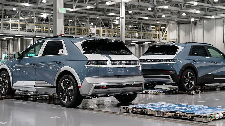 Vehicles at the Hyundai Metaplant electric vehicle manufacturing facility in Ellabell, Georgia