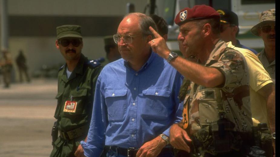 Dick Cheney visits American troops in Saudi Arabia during the build up to the Gulf War in 1990
