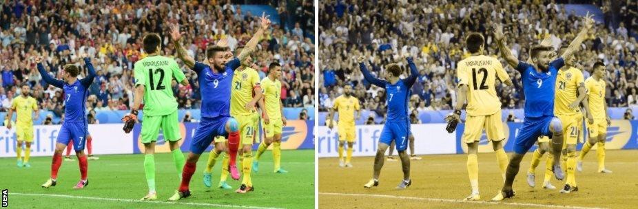 Olivier Giroud appeals as France play Romania. The original picture shows Romania's keeper wearing a green kit, which is distinct from his team-mates' yellow kit. But a second image shows how colour blind viewers might see this, with the keeper's kit appearing to be yellow and almost impossible to distinguish from what his defenders are wearing.