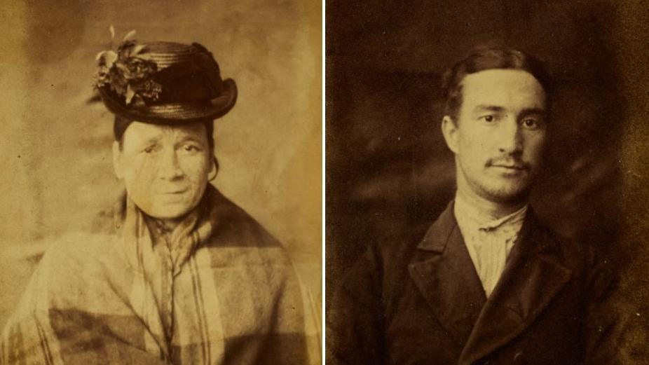 A composite image of two sepia-tinged, black-and-white, close-up photographs of individuals taken in the 1870s. On the left, a middle-aged woman wearing a checked shawl and dark hat with decorative flowers. On the right, a young man with dark hair, a short beard, who wears a smart black jacket over a pale, collarless shirt.