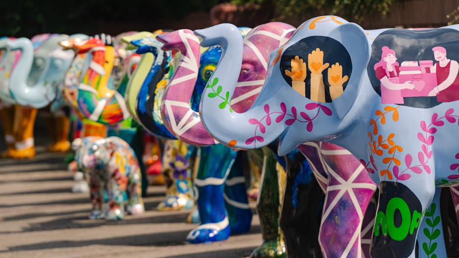 Elephant sculptures in a line