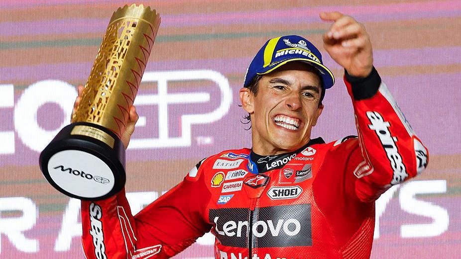 Marc Marquez celebrates winning in Qatar