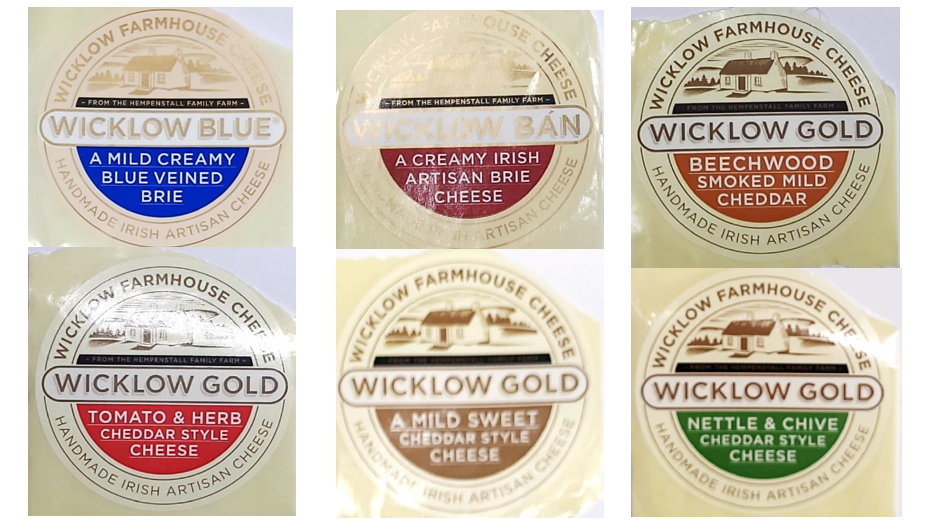 Six images of the packaging of cheeses with the "Wicklow Farmhouse Cheese" branding