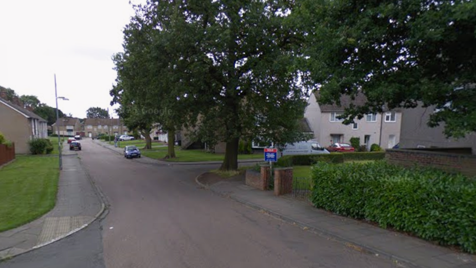 A road stretches out onto a housing estate with houses either side and some cars parked on the road. Trees also line the street.