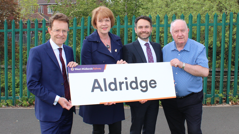 West Midlands mayor Andy Street, Aldridge and Brownhills MP Wendy Morton, director of rail for TfWM Tom Painter and Walsall Council leader Mike Bird at the proposed Aldridge Station site