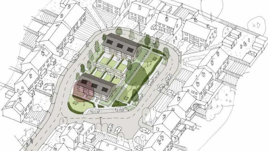 Drawing of proposed development on Land at Catherine Drive: there are six, two-storey homes in the centre of the cul-de-sac. Each of the houses has a private garden as well as on-site parking provision.