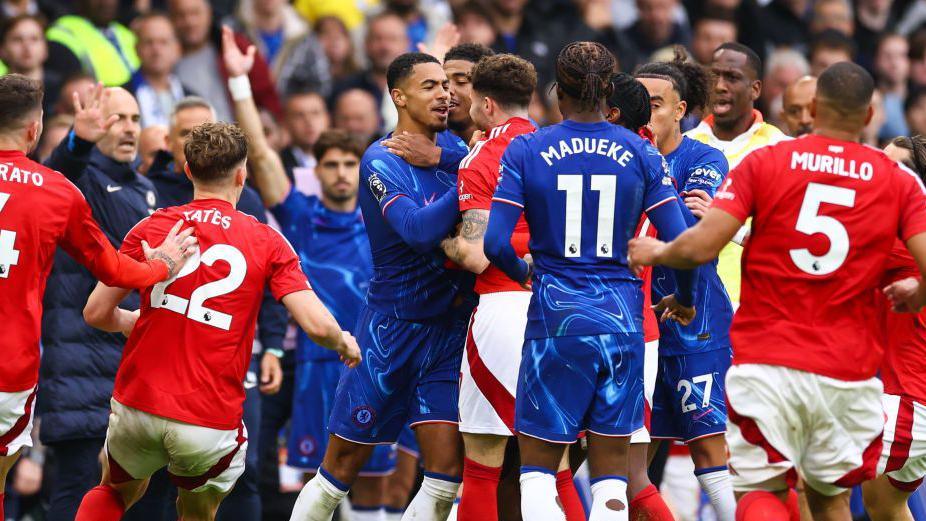 Chelsea and Nottingham Forest players in a melee