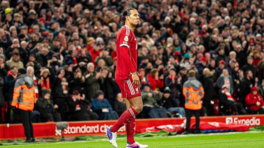 Virgil van Dijk in Liverpool's home colours at Anfield