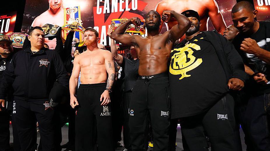 Canelo Alvarez and Terence Crawford airs for pictures broadside by broadside astatine a weigh-in