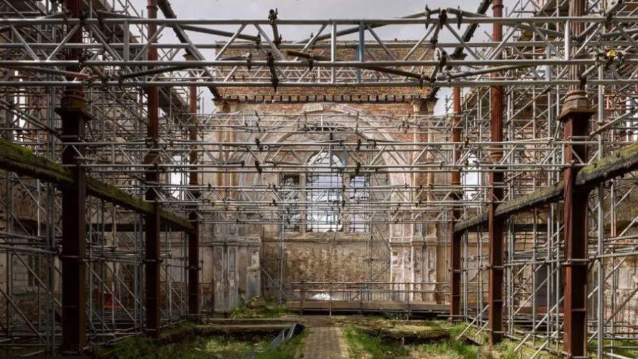 Interior of Sheerness Dockyard Church gutted and with scaffolding after 2001 fire