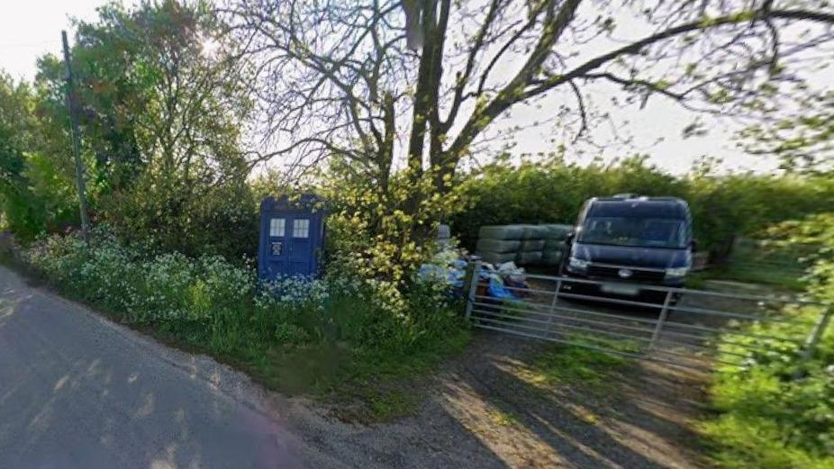 A Tardis is placed among shrubs and trees at the side of a road. There is a metal gate nearby and a blue van is parked behind it.