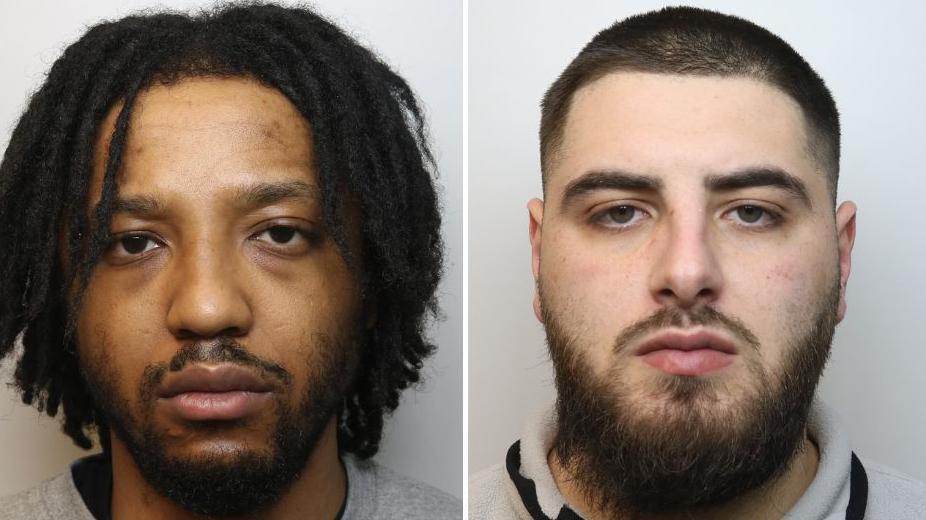 A composite image of custody pictures showing Jason and Nusret. Jason has dark hair worn in mid-length dreadlocks and long stubble, while Nusret has short dark hair and a longer beard.
