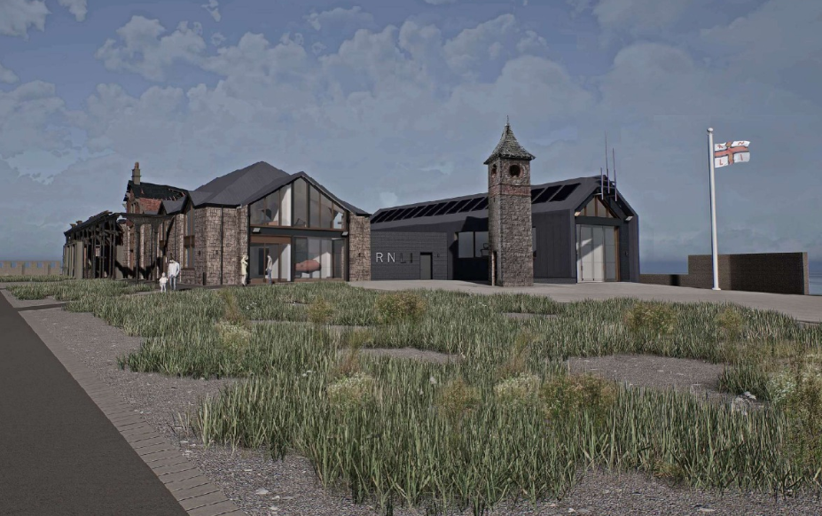 Image shows image of the proposed RNLI lifeboat station built partially within the East Pavillion ruin.