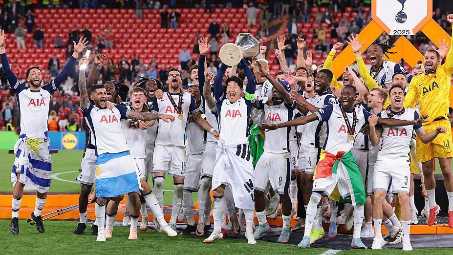 Tottenham lifting the 2024-25 Europa League trophy