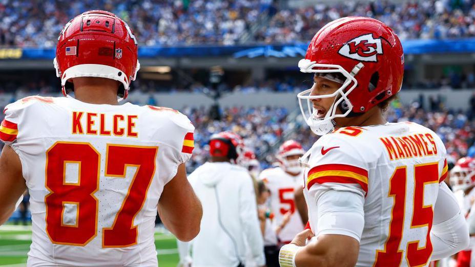 Travis Kelce and Patrick Mahomes of the Kansas City Chiefs on the field 