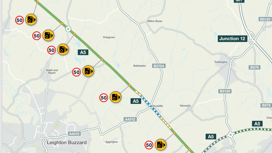 A map demonstrates where speed restrictions and average speed cameras will be on the A5 between Thorn Roundabout and Little Brickhill