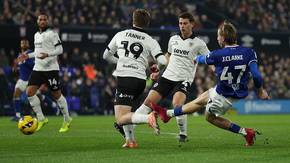 Ipswich Town winger Jack Clarke (right) shoots and scores against Bristol City