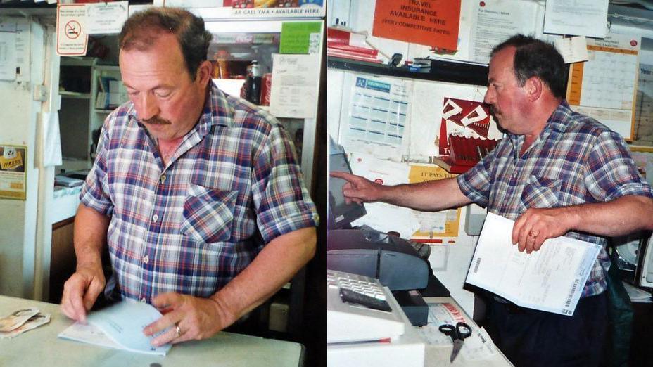 A composite image of Alun Lloyd Jones working at his post office in Llanfarian using the Horizon system. The two images have an old look to them. 