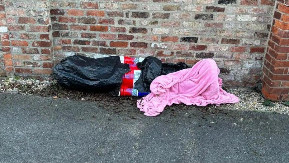 Great Britain Nutcracker wrapped up in plastic bags and a pink blanket by a brick wall.