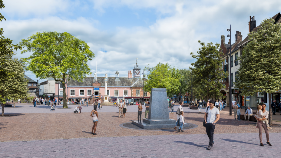 Artist impression of what Market Square will look like following the regeneration project. A grey stone monument stands in the middles of a brick plaza.