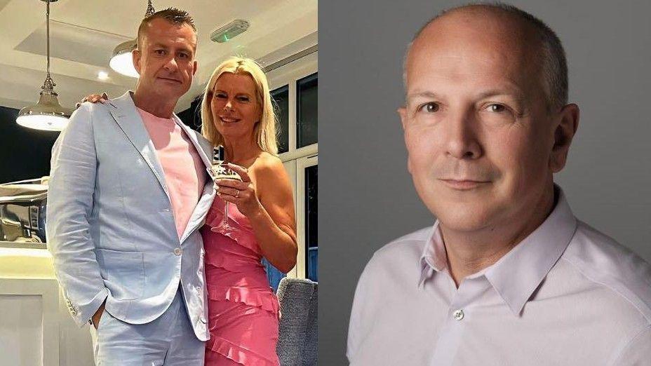 Left image: Ms Czoska and Mr Kowalkowski, standing together with arms behind each others backs, he on the left wearing a light blue suit, her in a long pibk dress on the right. They are standing in what looks like a bar or restaurant.
Right image: A professional-looking headshot of Simon Hewitt, a bald man wearing a light pink shirt. He's standing against a grey backdrop and looking straight at the camera.