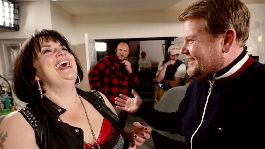 Ruth Jones and James Corden laugh as they film the Gavin & Stacey Christmas special