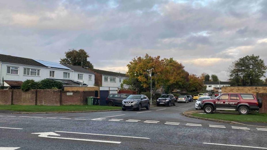 The entrance to Bromley Gardens: A line of houses with white cladding next to a road lined with trees and parked cars