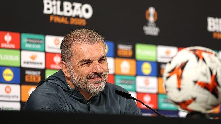 Ange Postecoglou takes part in his pre-match press conference before the Europa League final against Manchester United
