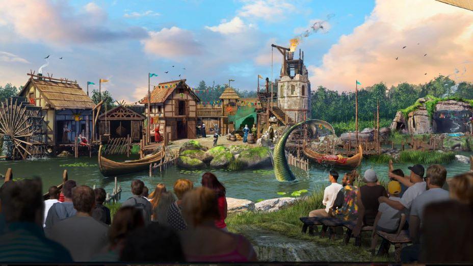 An artists impression of how The Legend of the Wear show will look. An audience sits on wooden chairs facing a lake and a medieval village. A giant serpent-like tale is flicking out of the water.