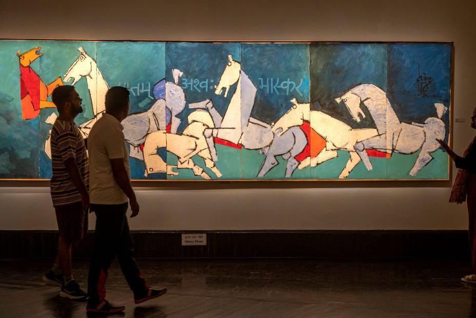  People visit during an exhibition of selected works of art from the famed Air India collection "Maharaja's Treasure", at National Gallery of Modern Art, Fort, on June 16, 2023 in Mumbai, India. 