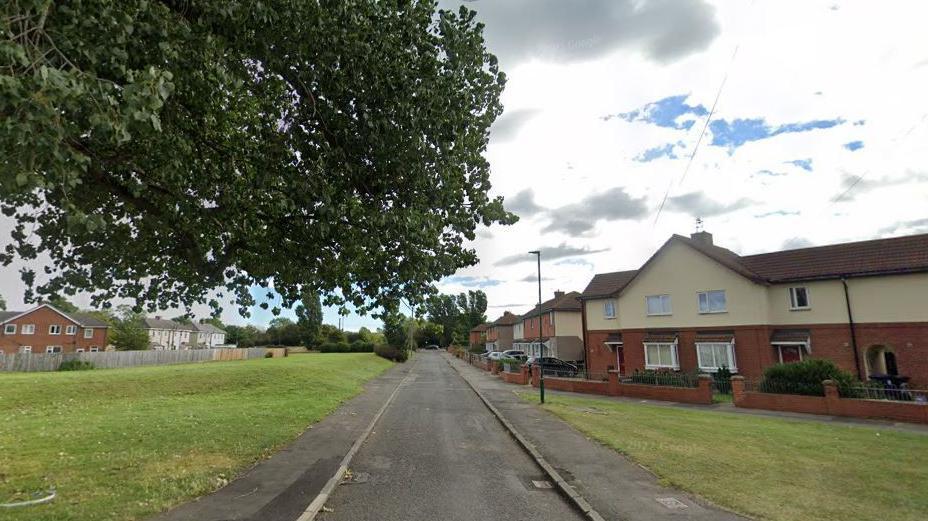 A Google Street View screenshot of Eversham Road in Grangetown. There are houses to one side of the narrow road, with a strip of grass to the left and further homes in the distance. 