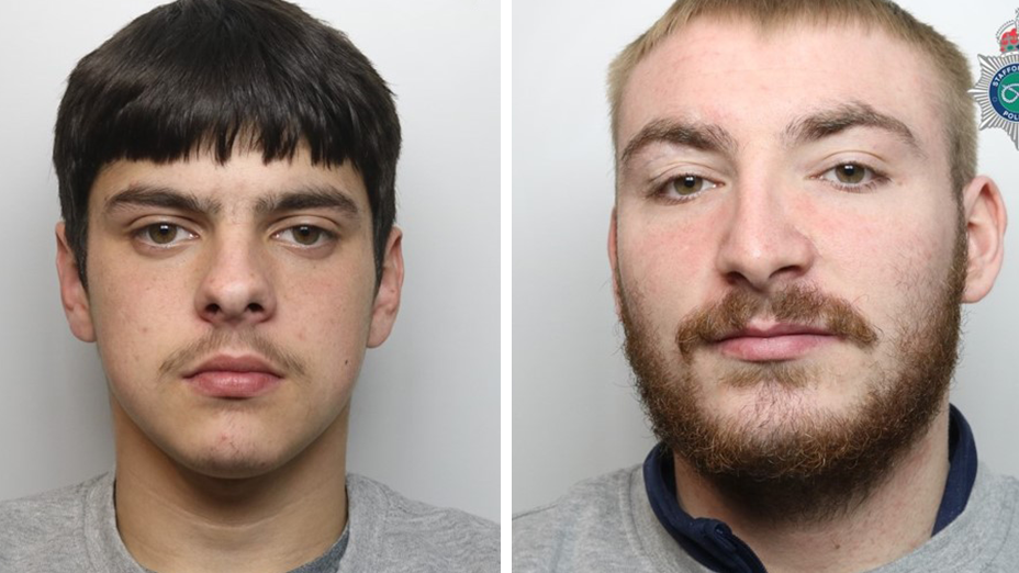 Police mugshots showing Dylan Hurd Maskery and Callum Talbot. The pair are wearing grey jumpers and are stood against a white background.