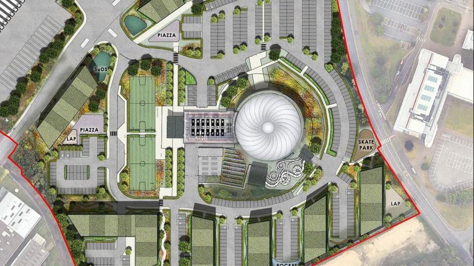 Plan of the new proposals for Oasis Leisure Centre which shows the round dome and the multi-use sports pitches.