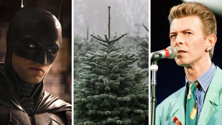 Edited image shows Batman, a frosty Christmas tree and David Bowie singing into a microphone